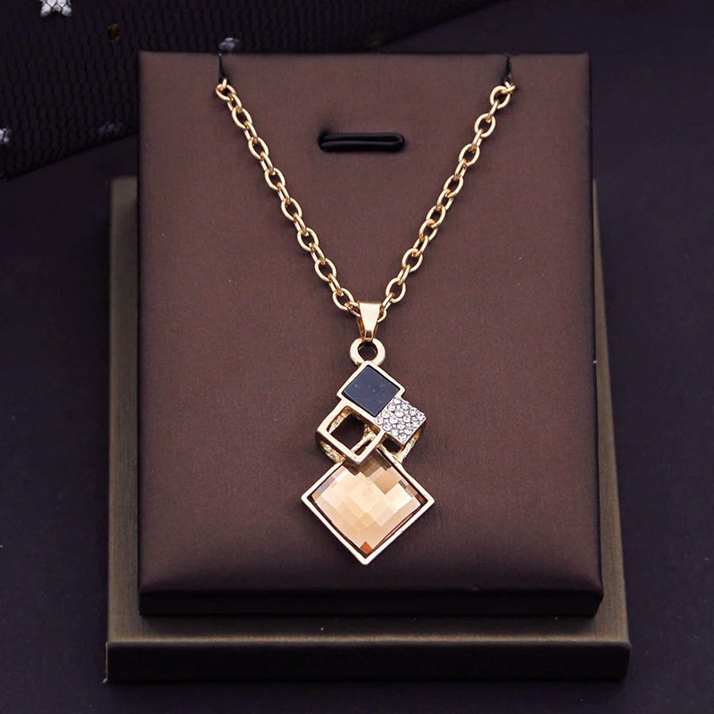 Geometric Square Crystal Pendant Necklace