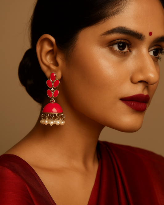 Pink Jhumka Earrings with Pearl Drops