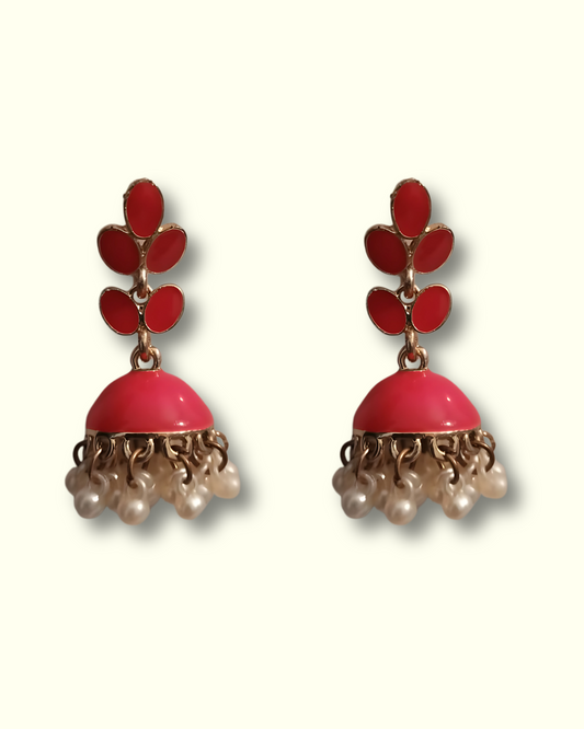 Pink Jhumka Earrings with Pearl Drops