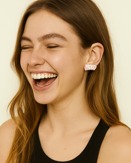 Pink “HOLD” Text Stud Earrings