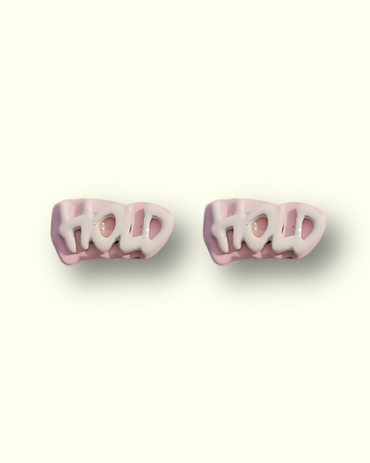 Pink “HOLD” Text Stud Earrings