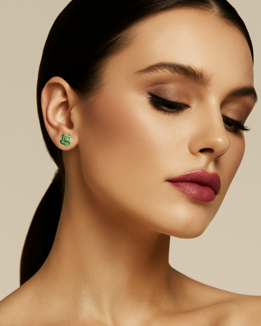 Green Flower Stud Earrings with Crystal Center
