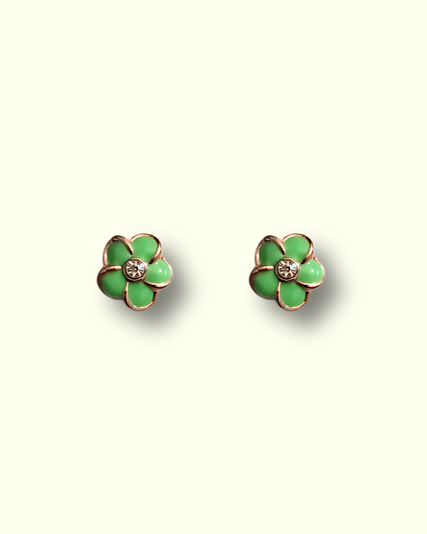 Green Flower Stud Earrings with Crystal Center