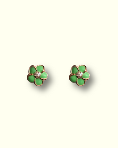Green Flower Stud Earrings with Crystal Center