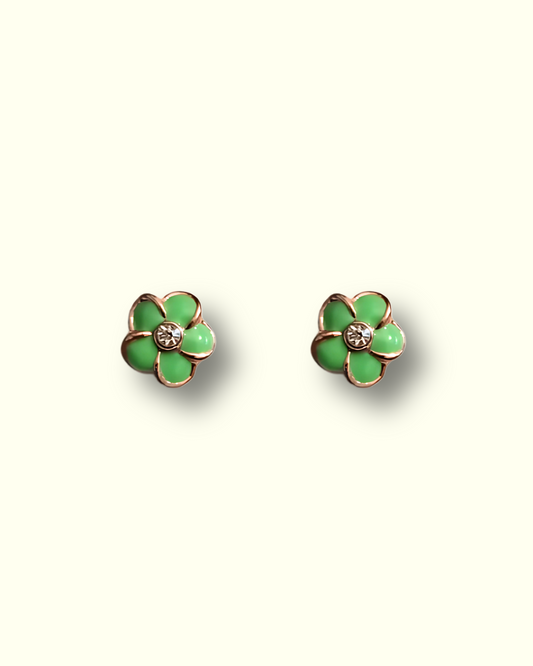 Green Flower Stud Earrings with Crystal Center