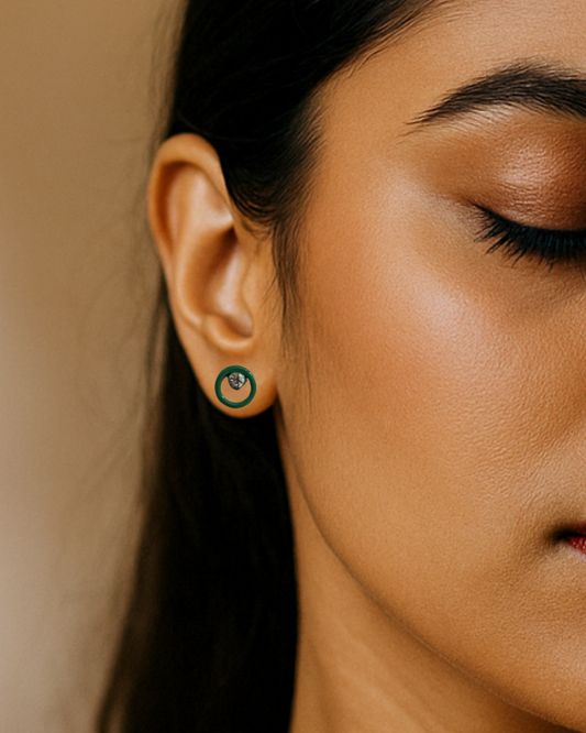 Green & Silver Moon Stud Earrings