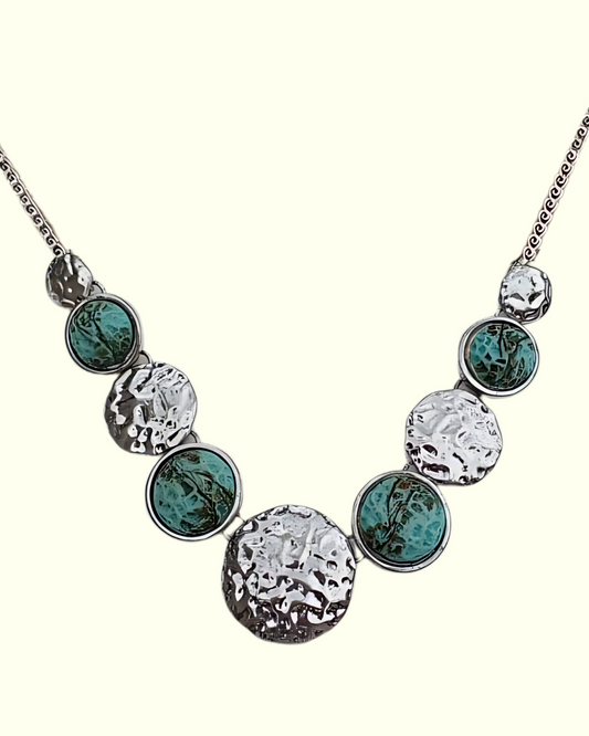 Hammered Silver & Green Stone Statement Necklace