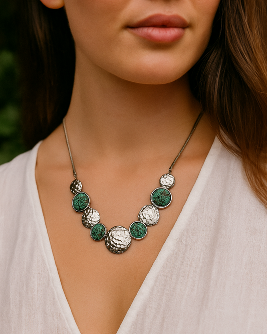 Hammered Silver & Green Stone Statement Necklace